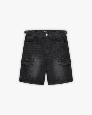 WASHED BLACK DENIM CARGO JORTS