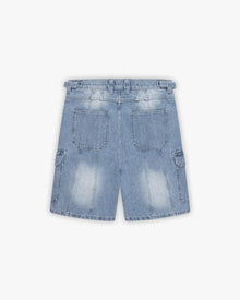 BLUE WASHED DENIM CARGO JORTS