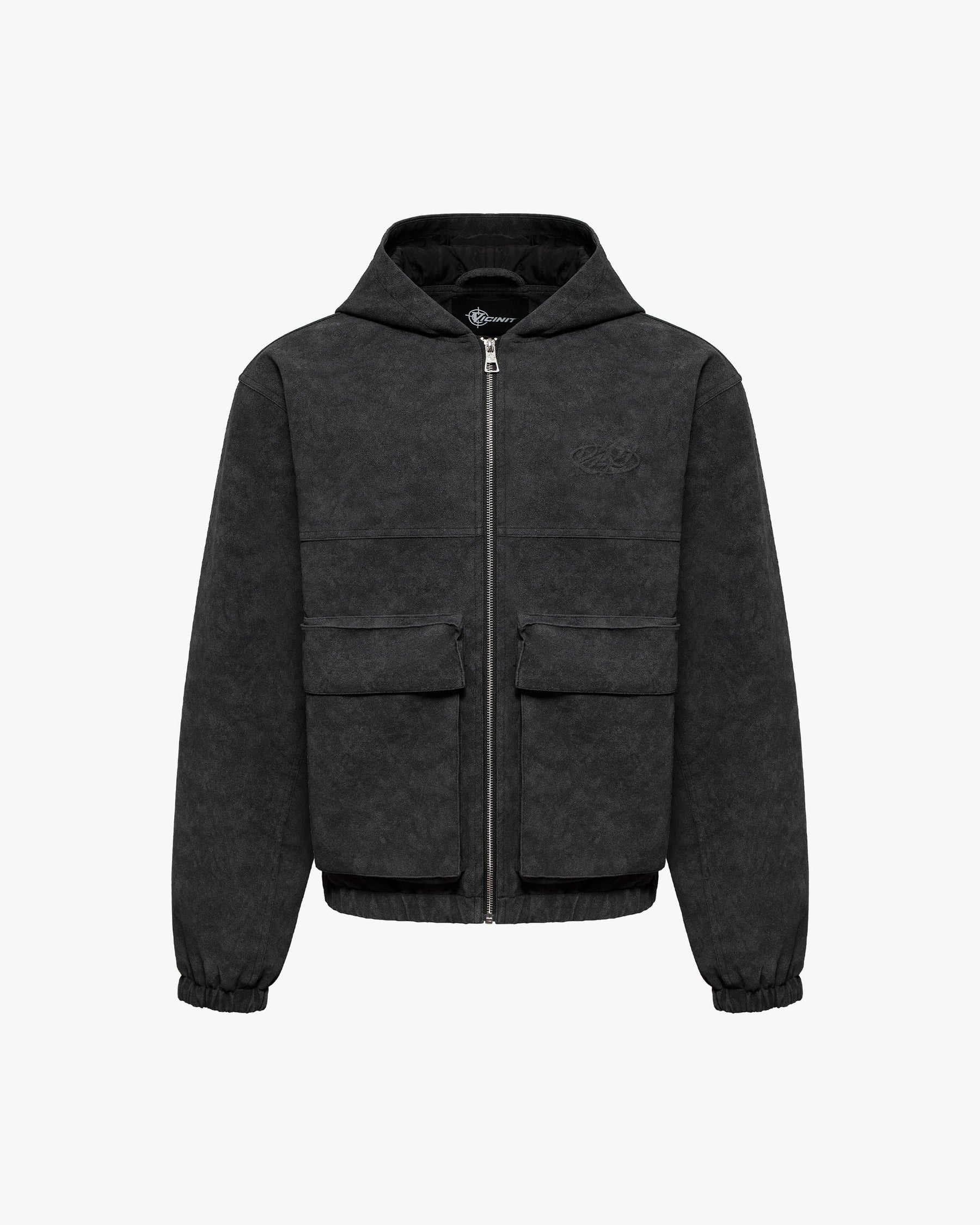 SCRIPT LOGO LEATHER JACKET TAR BLACK
